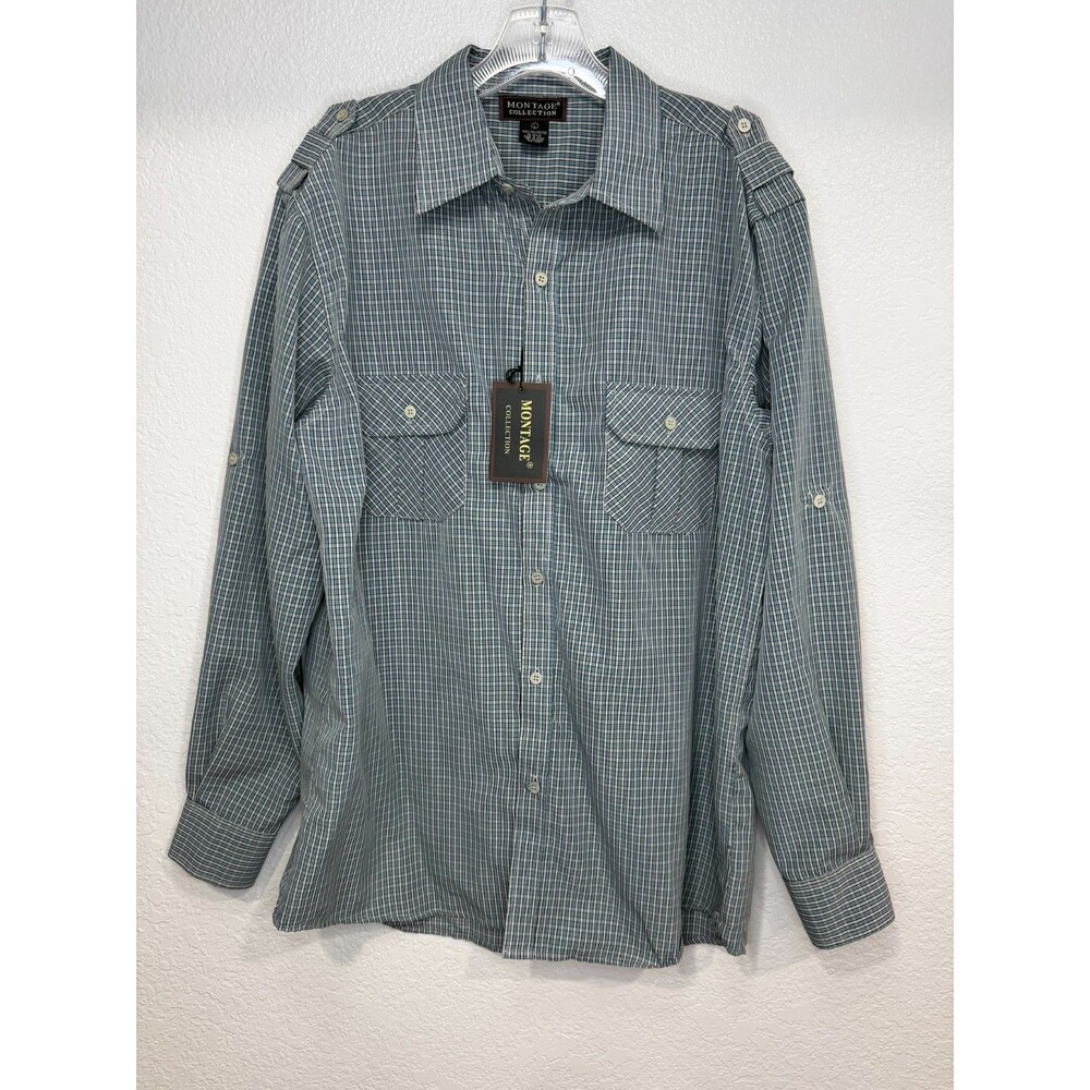 Montage Collection Men Large Plaid Shirt Blue Black White Long Sleeve 439